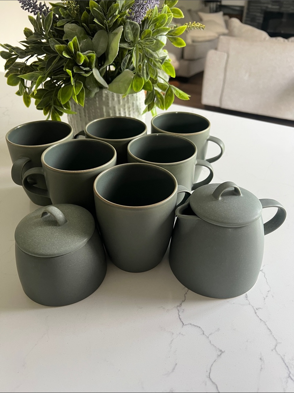 Crate&Barrel Matte Green Ceramic Tea Mugs with Sugar and Creamer